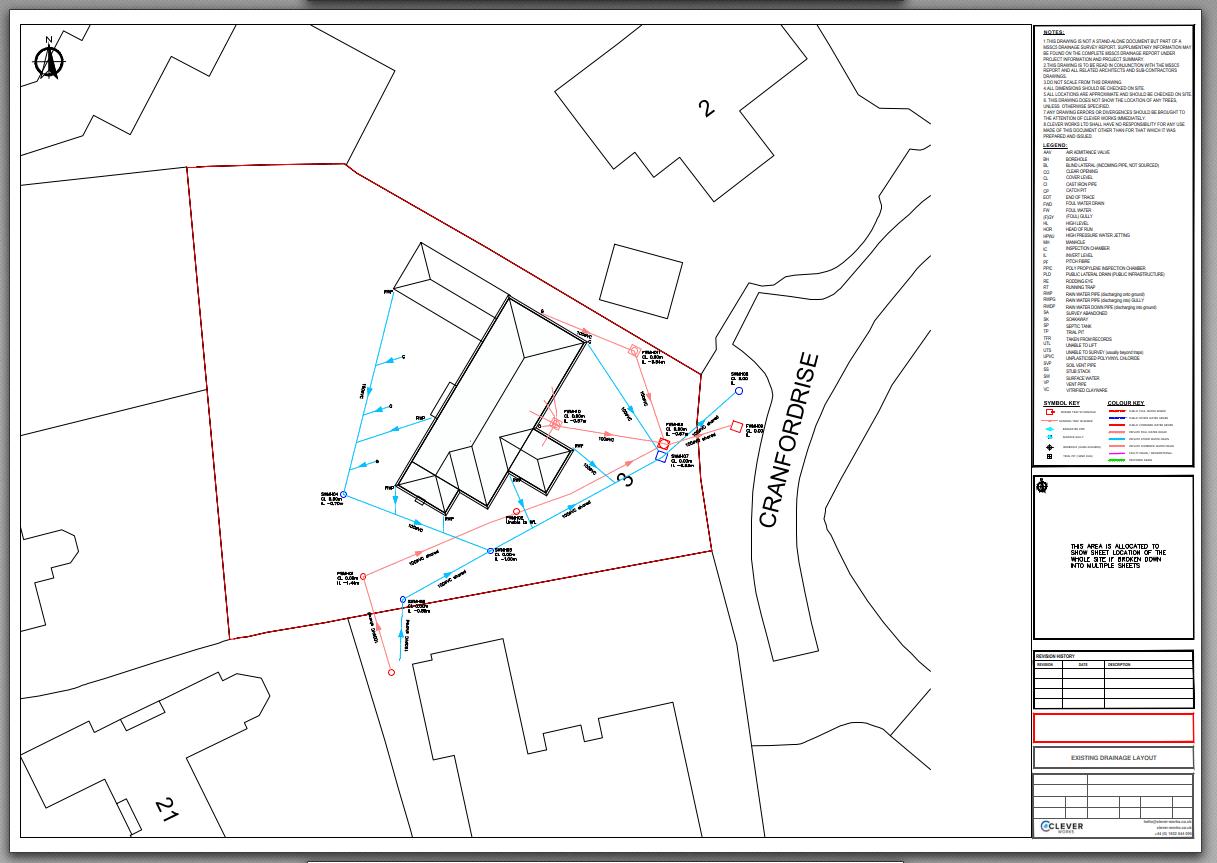 Example annotated drainage layout drawing supplied in a Clever Works report
