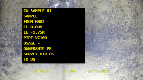 CCTV drainage survey frame showing the survey recording overlay