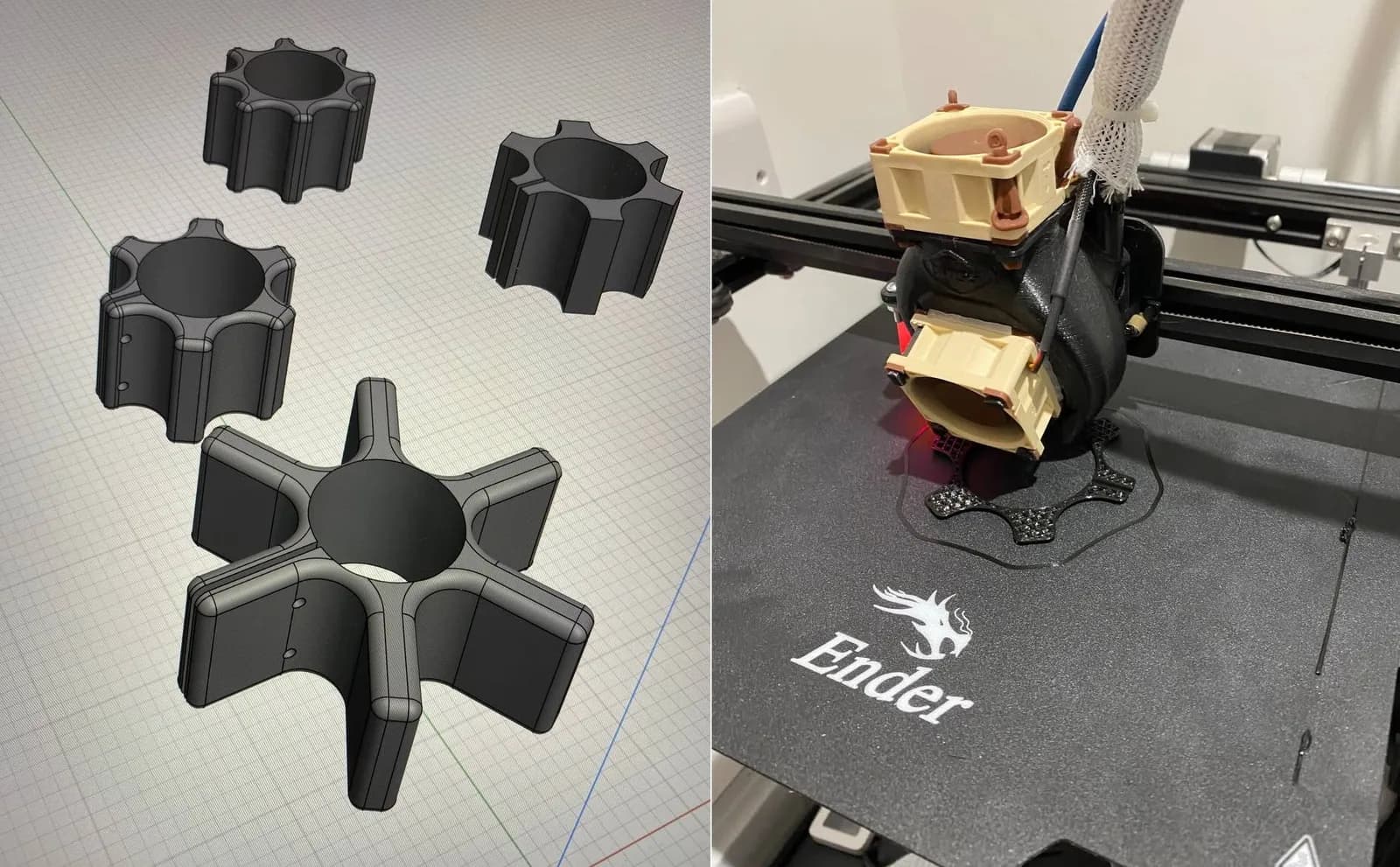 Different camera skid designs in CAD beside a skid being made on our 3D printer