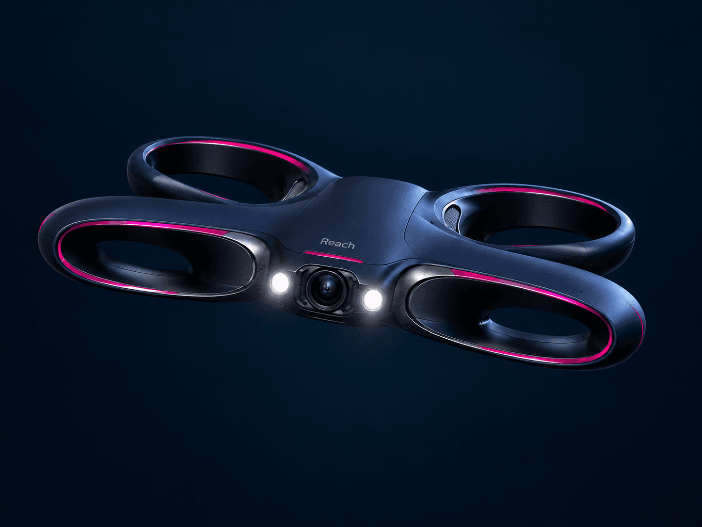 Reach bladeless inspection drone concept against a dark background
