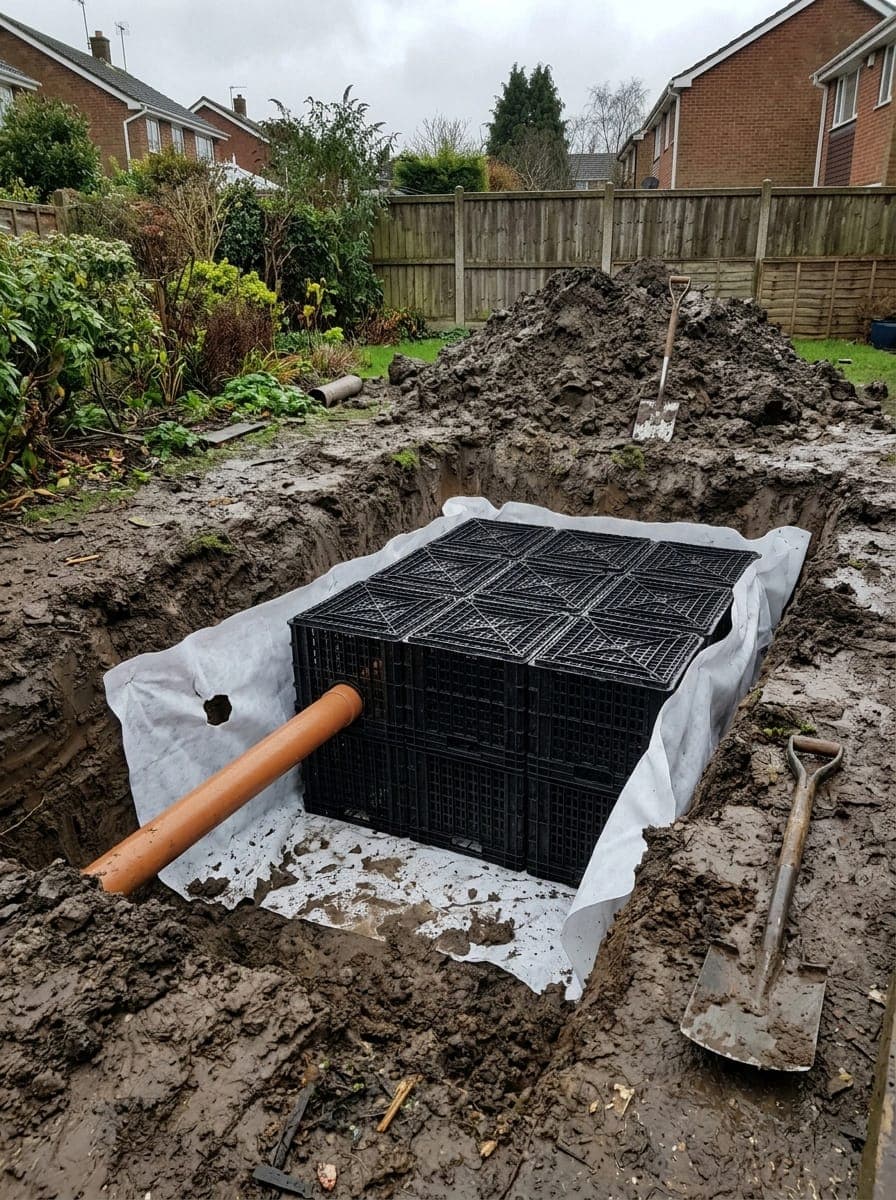 Attenuation crates wrapped in geotextile membrane inside an excavation, with the inlet pipe connected, before backfill