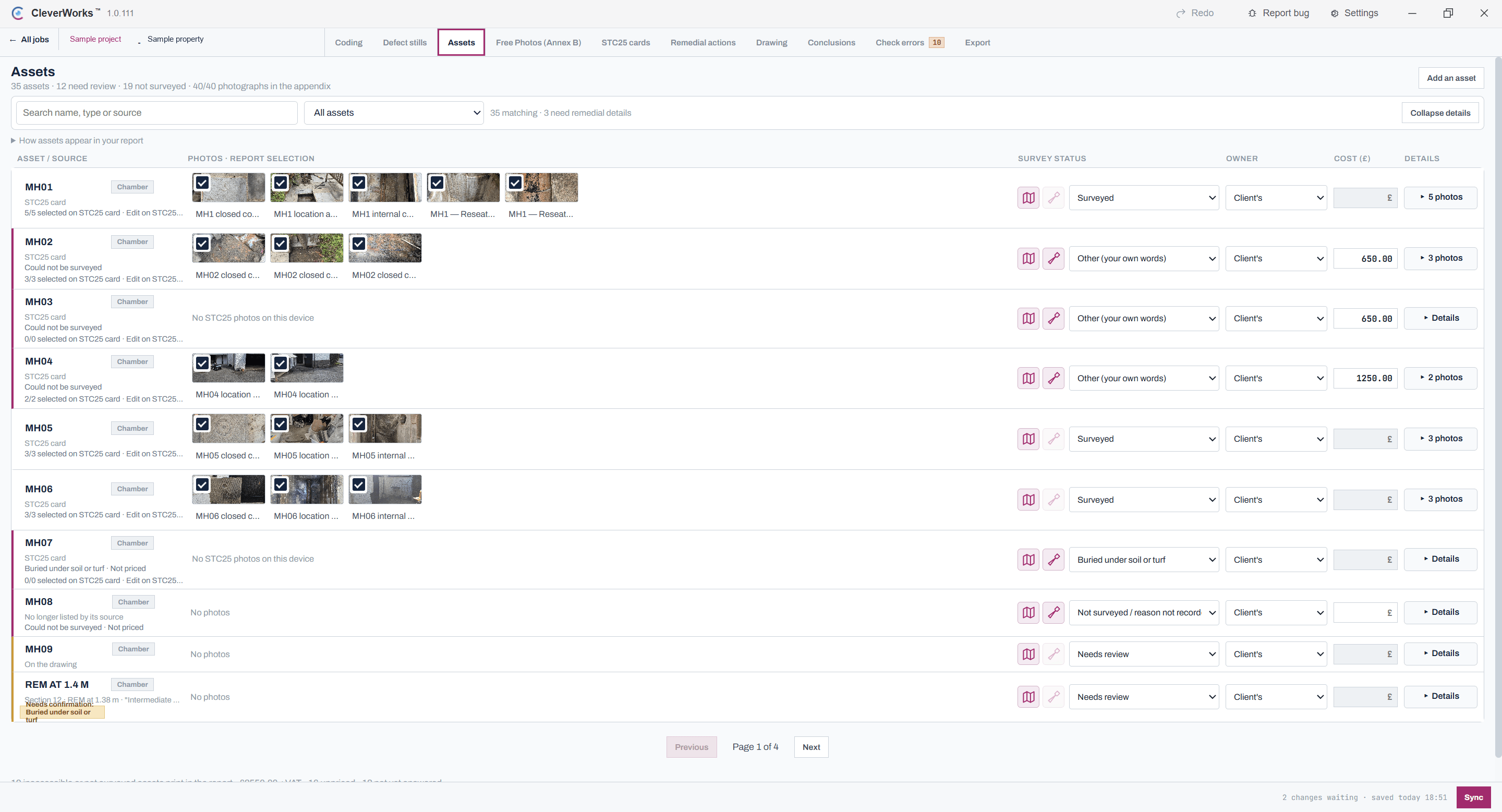 Actual Assets workspace with inspection photographs, survey status and remedial costs; identifying details removed