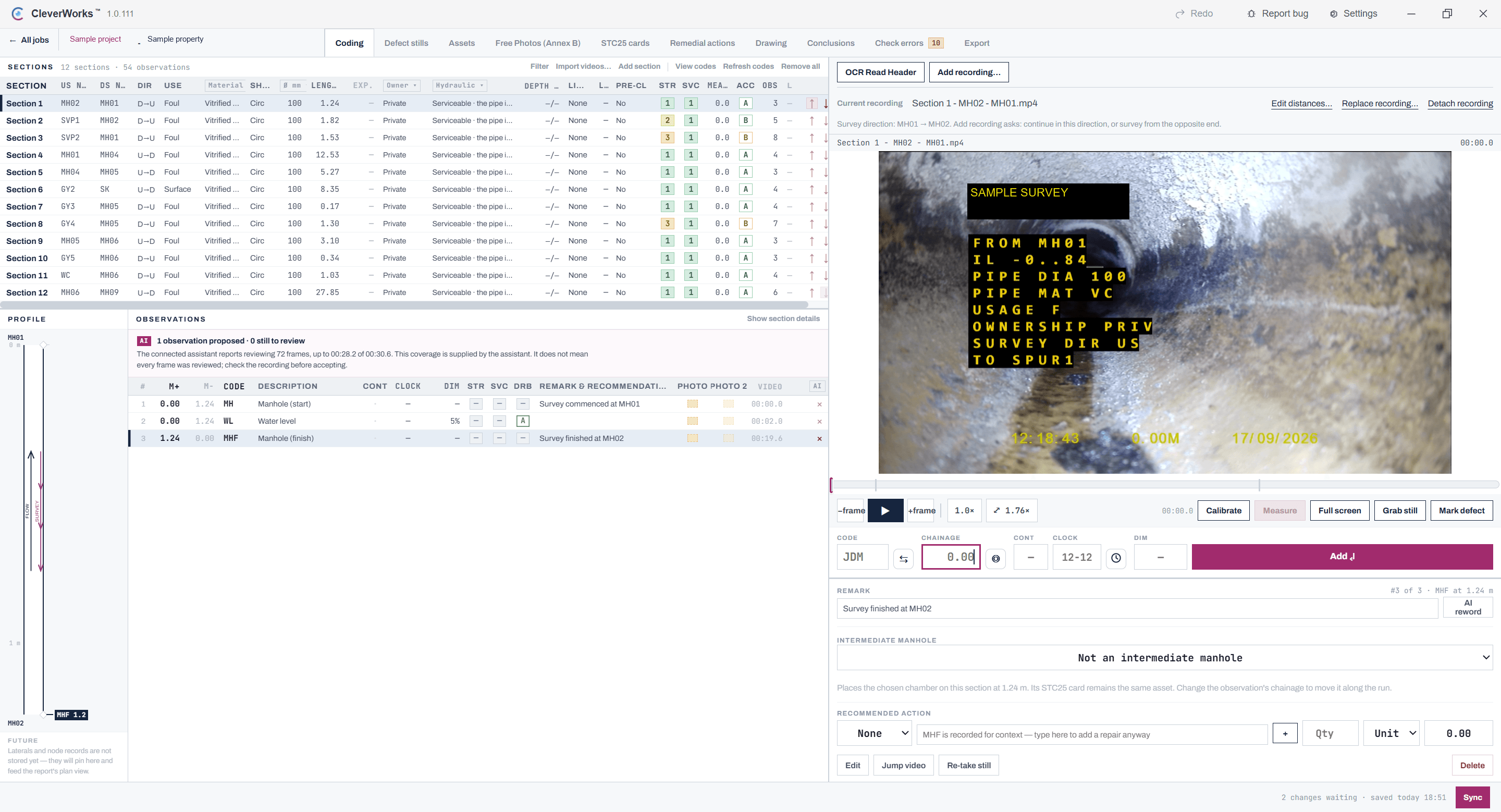 Actual Coding workspace with twelve sections, 54 observations, pipe profile and CCTV footage; identifying details removed