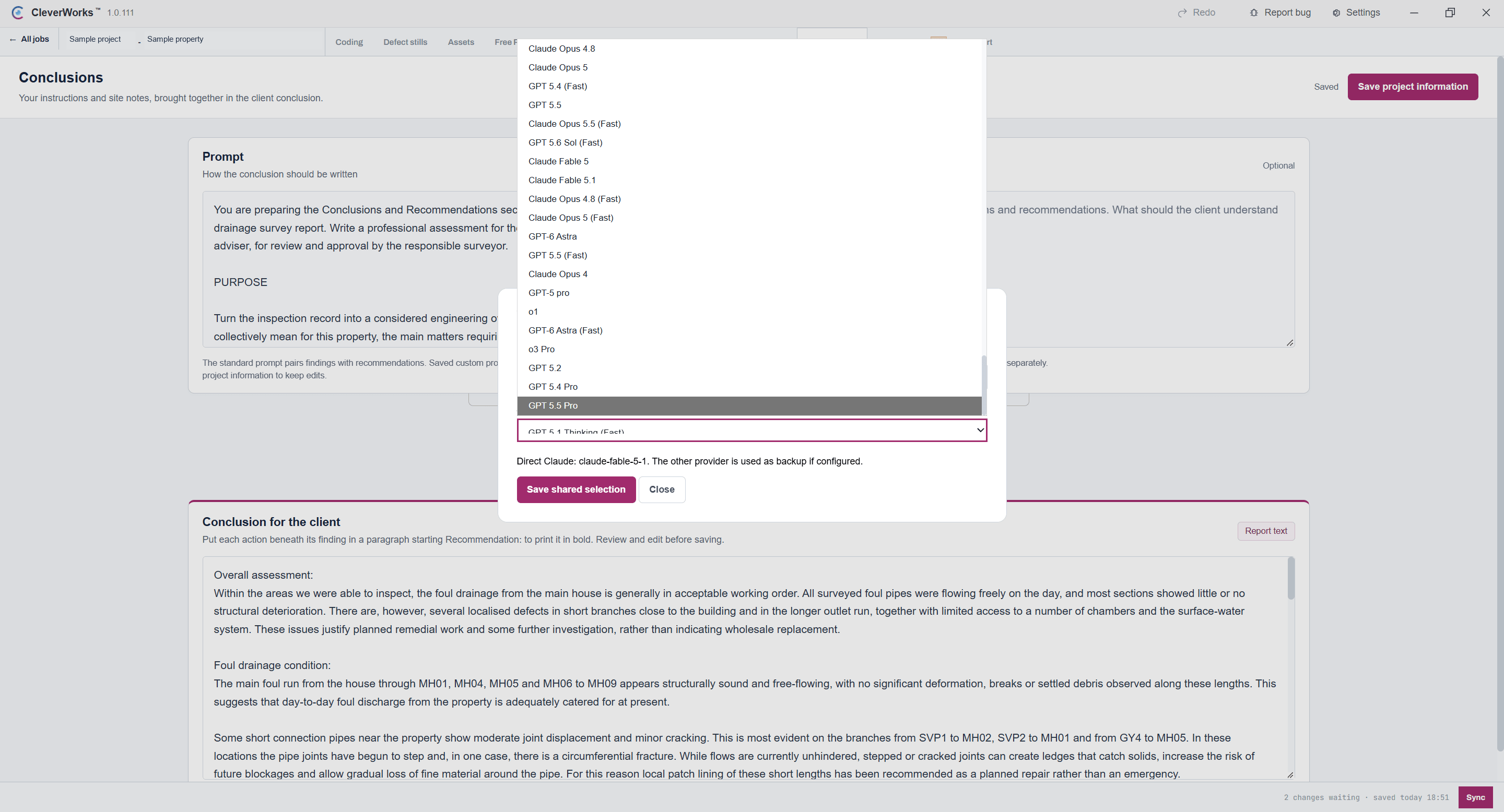 Actual Conclusions workspace with the model selection menu open and written findings below; project details removed