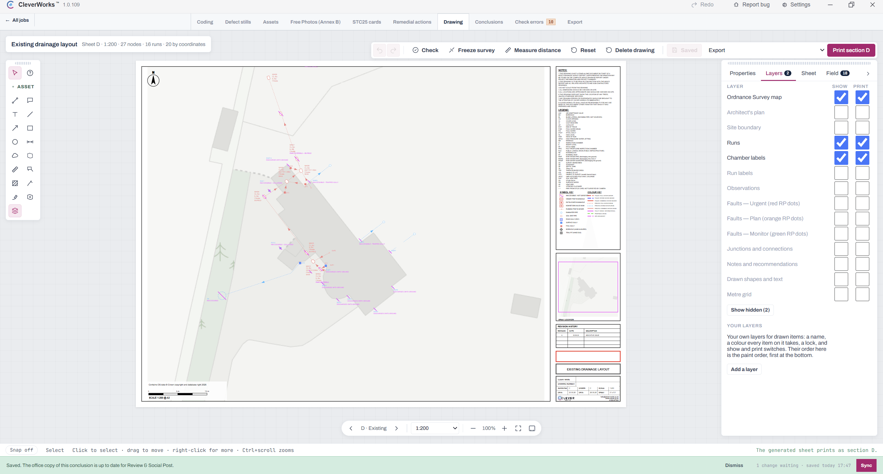 Actual CleverWorksCAM Drawing workspace with a complete drainage sheet, legend, title block and layer controls; identifying details removed