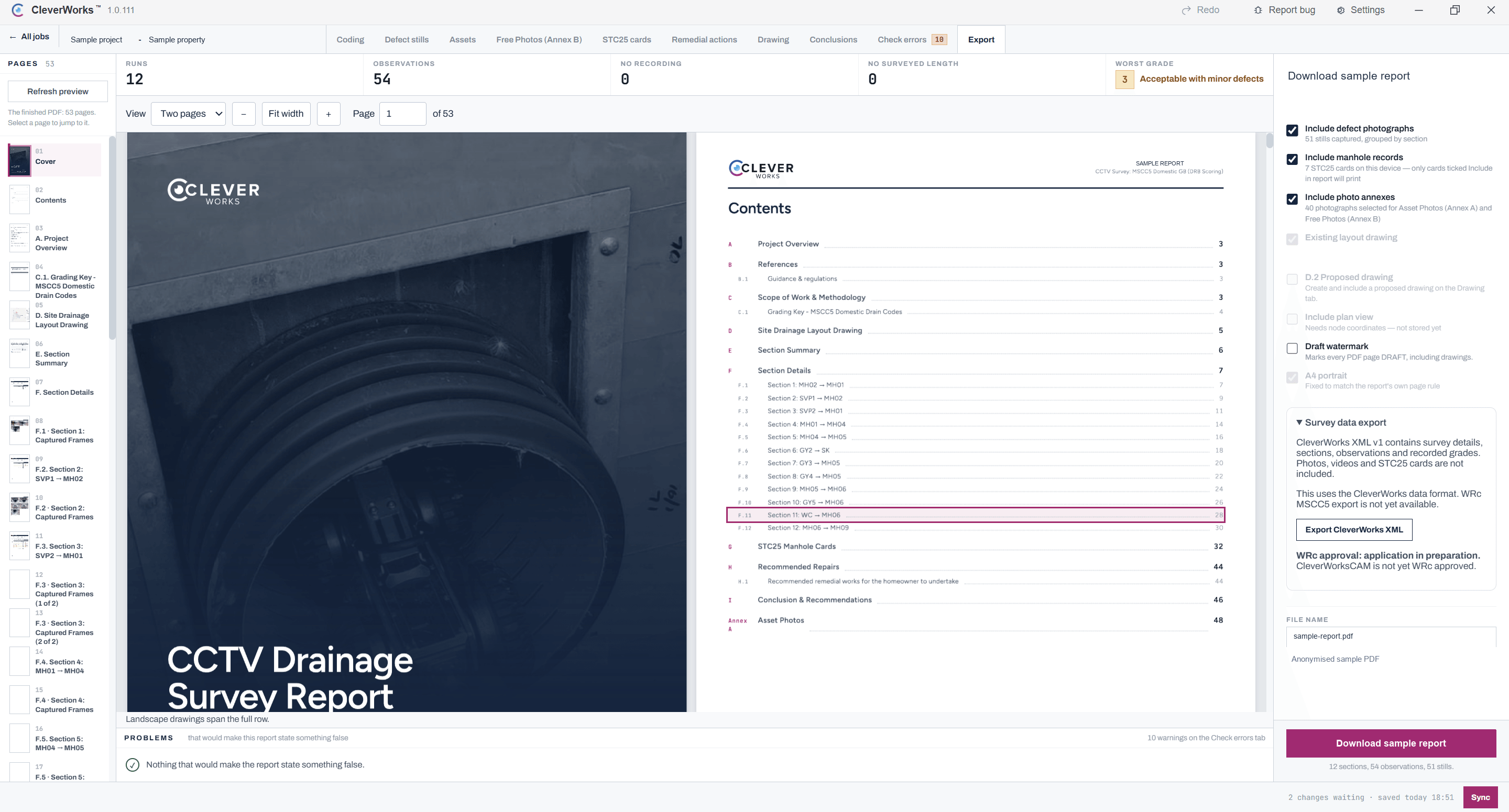 Actual report export workspace with report preview and Download sample report button; identifying details removed