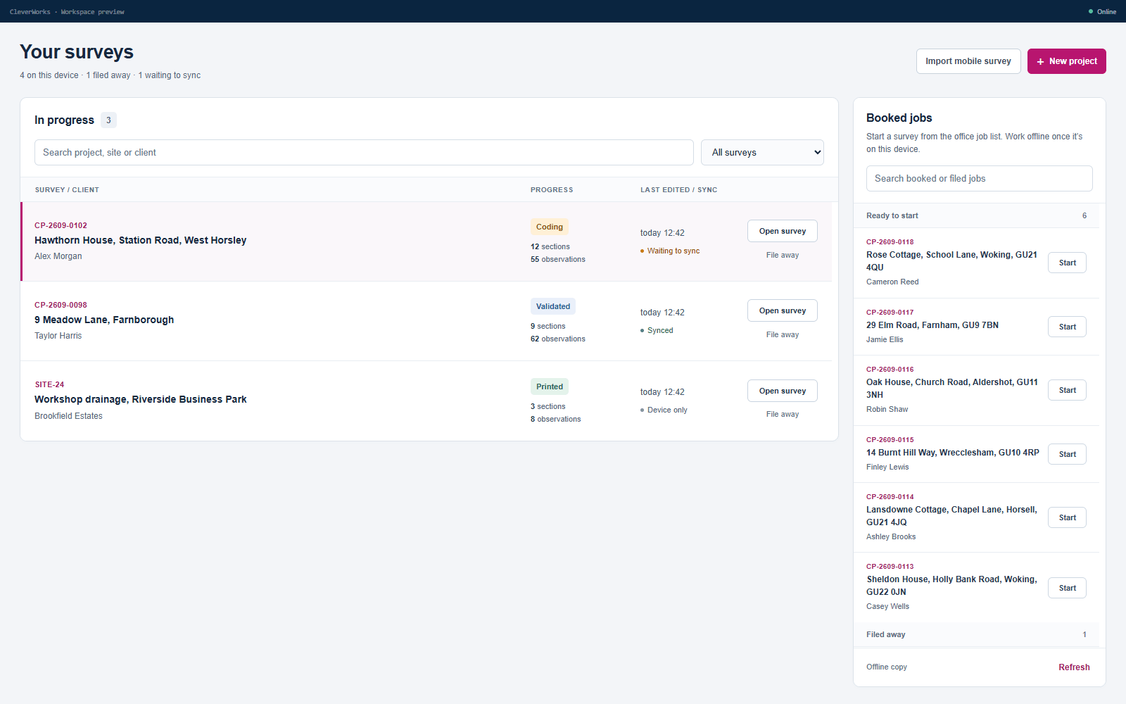 CleverWorksCAM jobs workspace showing sample surveys and booked jobs