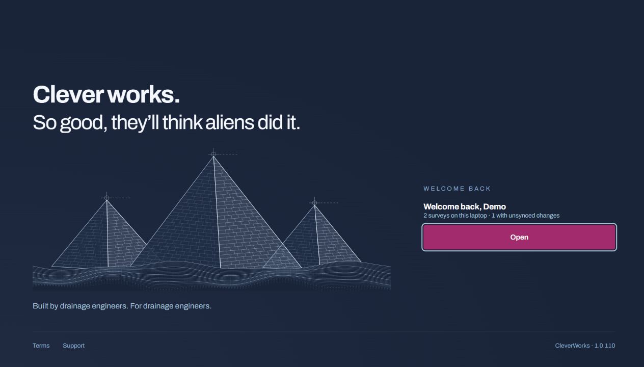 CleverWorksCAM welcome screen with the pyramid artwork and Open button